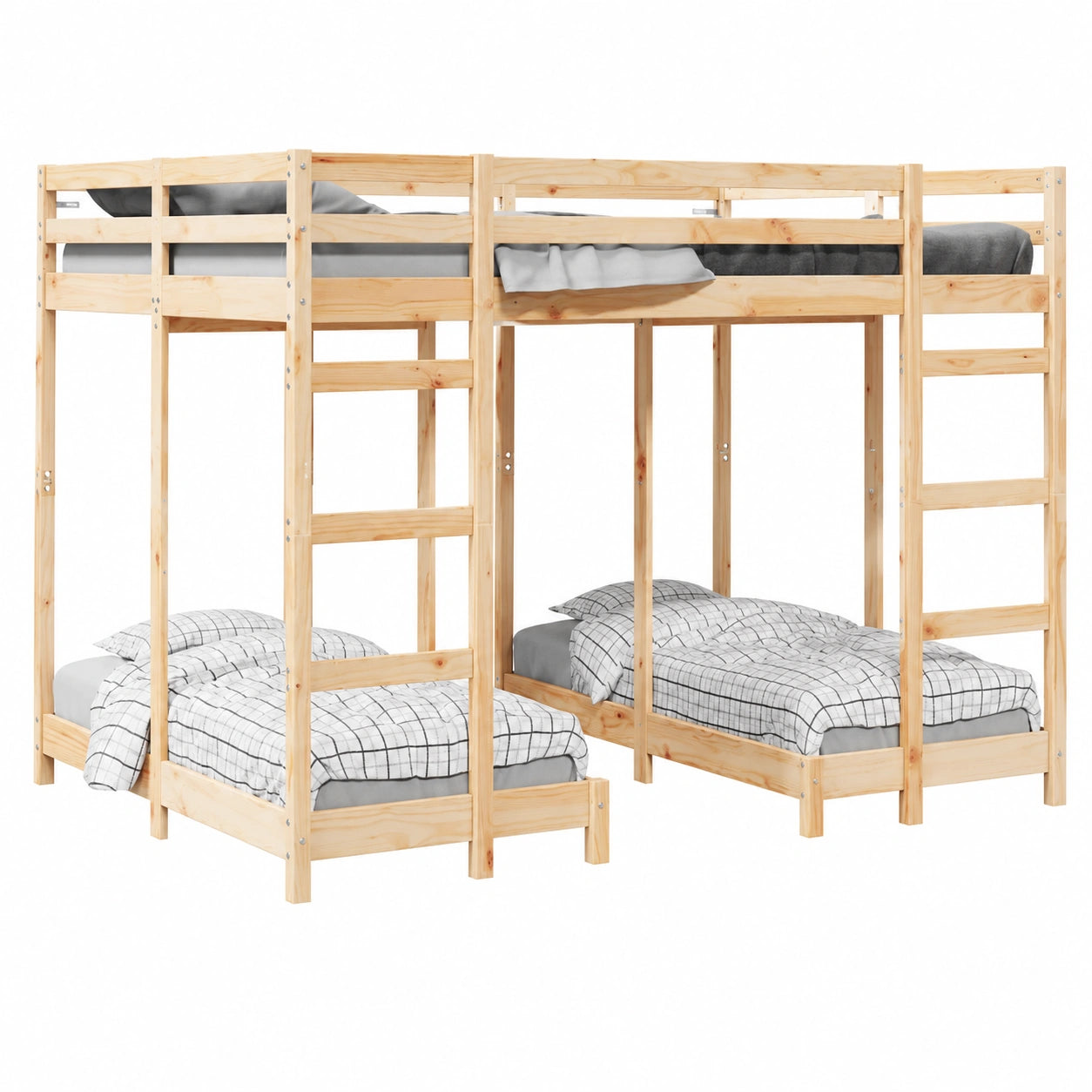 Letto a castello triplo in legno di pino marrone, 140x200 cm con scale e protezioni, ideale per camerette e ospiti