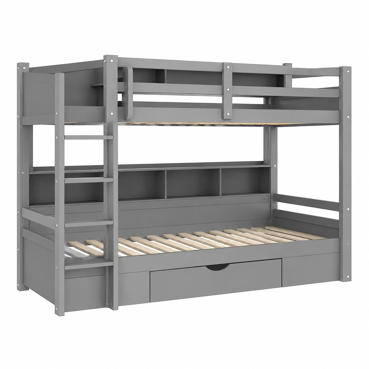 Letto a Castello Grigio in Legno di Pino per Bambini, 90x200 cm con Cassetto e Vanità di Archiviazione, Inclusi 2 Ripiani e 2 Reti