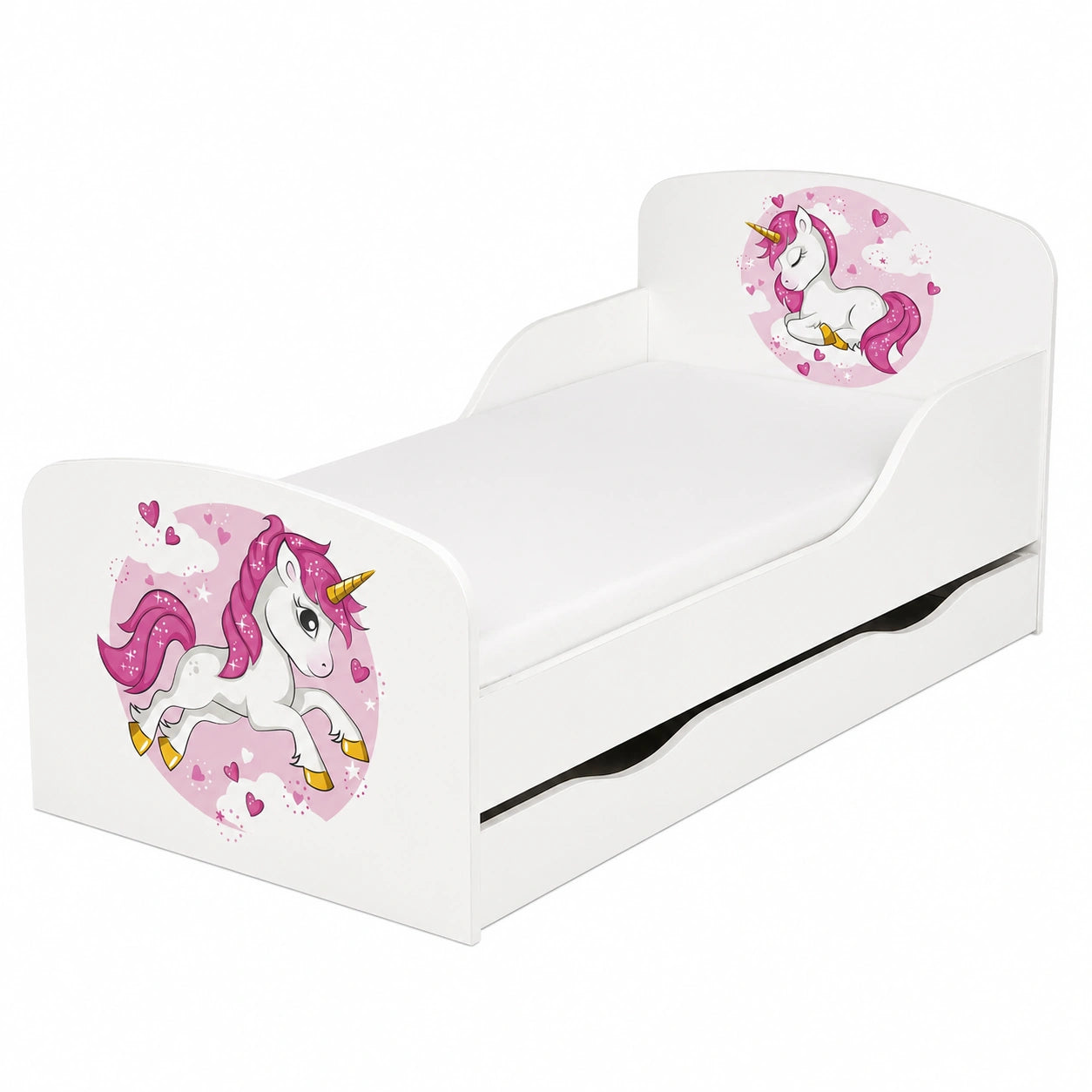 Letto per Bambini in Legno Bianco con Unicorno - Cassetto e Materasso Inclusi, 140x70 cm