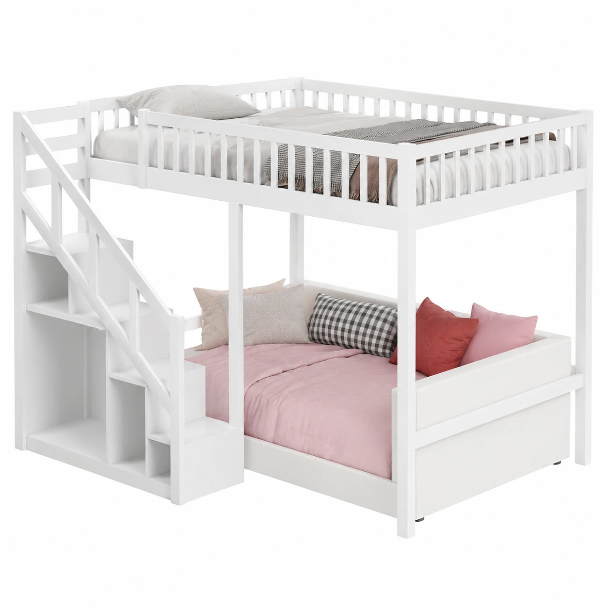 Letto a castello in legno bianco 140x200 con scala e protezioni per bambini