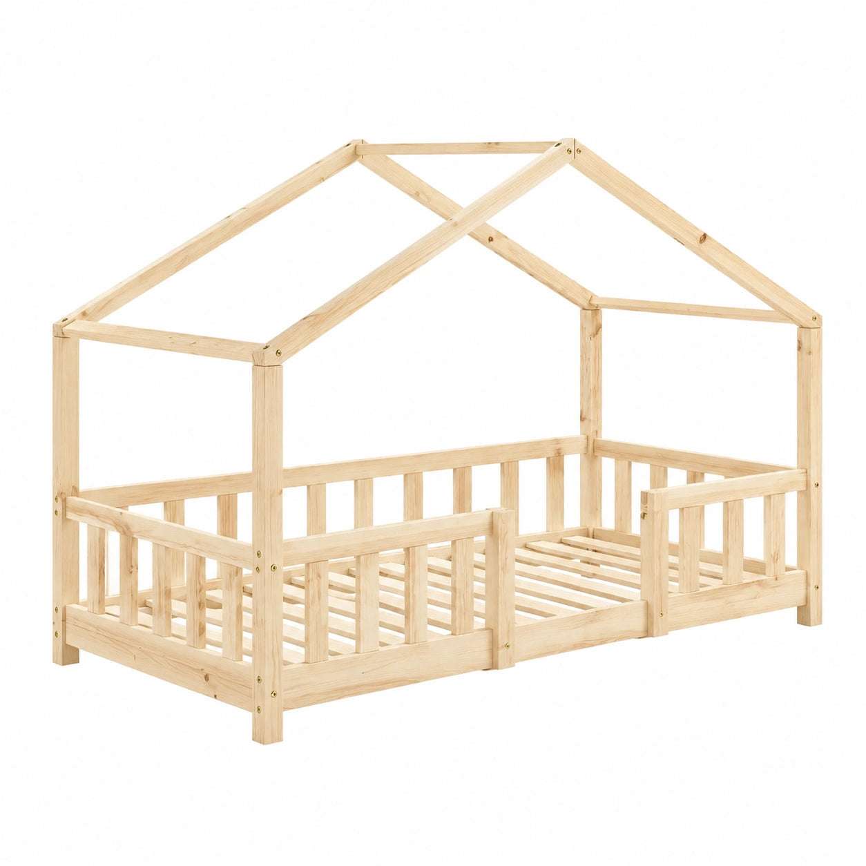 Letto Montessori per Bambini a Casetta con Barriera, Struttura in Pino, 70x140 cm, Naturale
