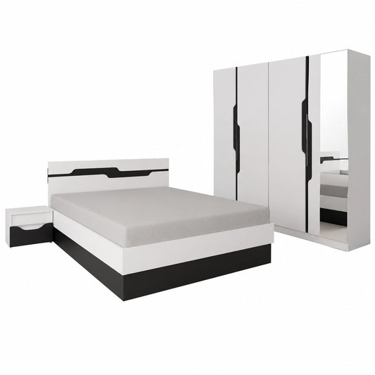 Set Camera da Letto Moderna Bianco e Nero con Armadio e Letto Contenitore