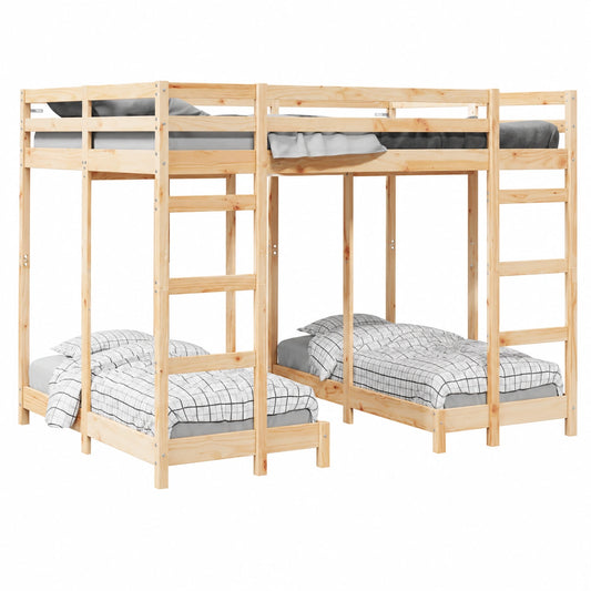 Letto a castello triplo in legno di pino marrone, 140x200 cm con scale e protezioni, ideale per camerette e ospiti