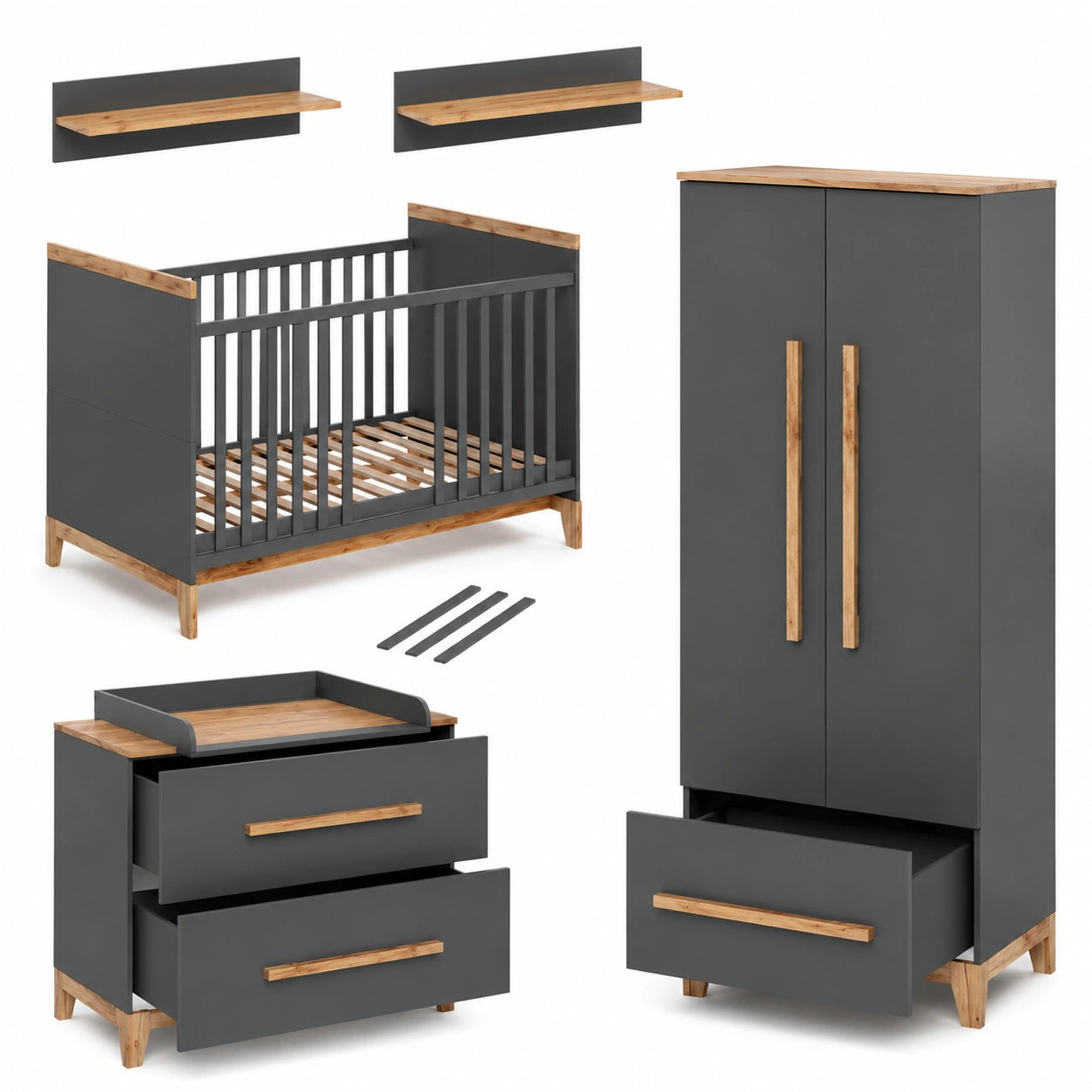 Set Mobili Cameretta Malia in Grigio e Quercia, Espandibile
