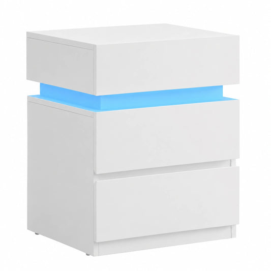 Comodino Moderno con LED Multicolore, 3 Cassetti, 35 x 40 x 55 cm, Bianco