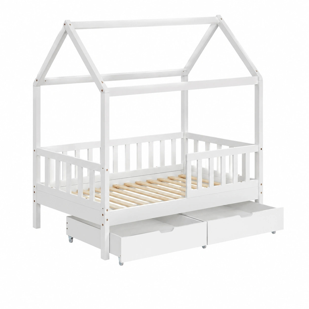 Letto a casetta in legno bianco per bambini 80x160 cm con contenitori e protezione anticaduta