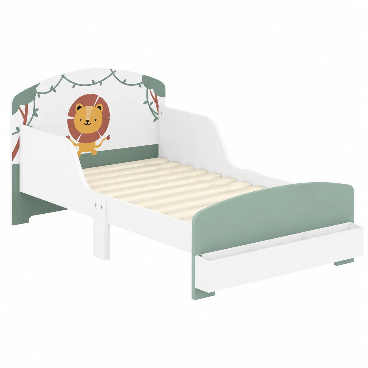 Letto per Bambini 3-8 Anni con Contenitore e Sponde di Sicurezza, MDF e Compensato, 150x77x60 cm, Verde