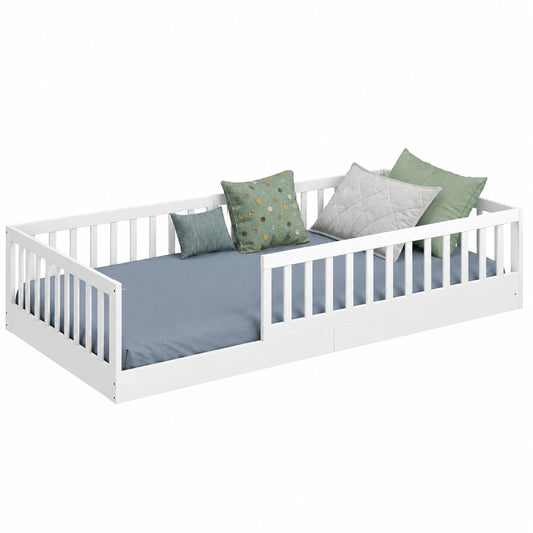 CADANI Letto per Bambini 90x200 cm, Bianco, con Barriera Rimovibile, Stile Montessori, Legno di Pino