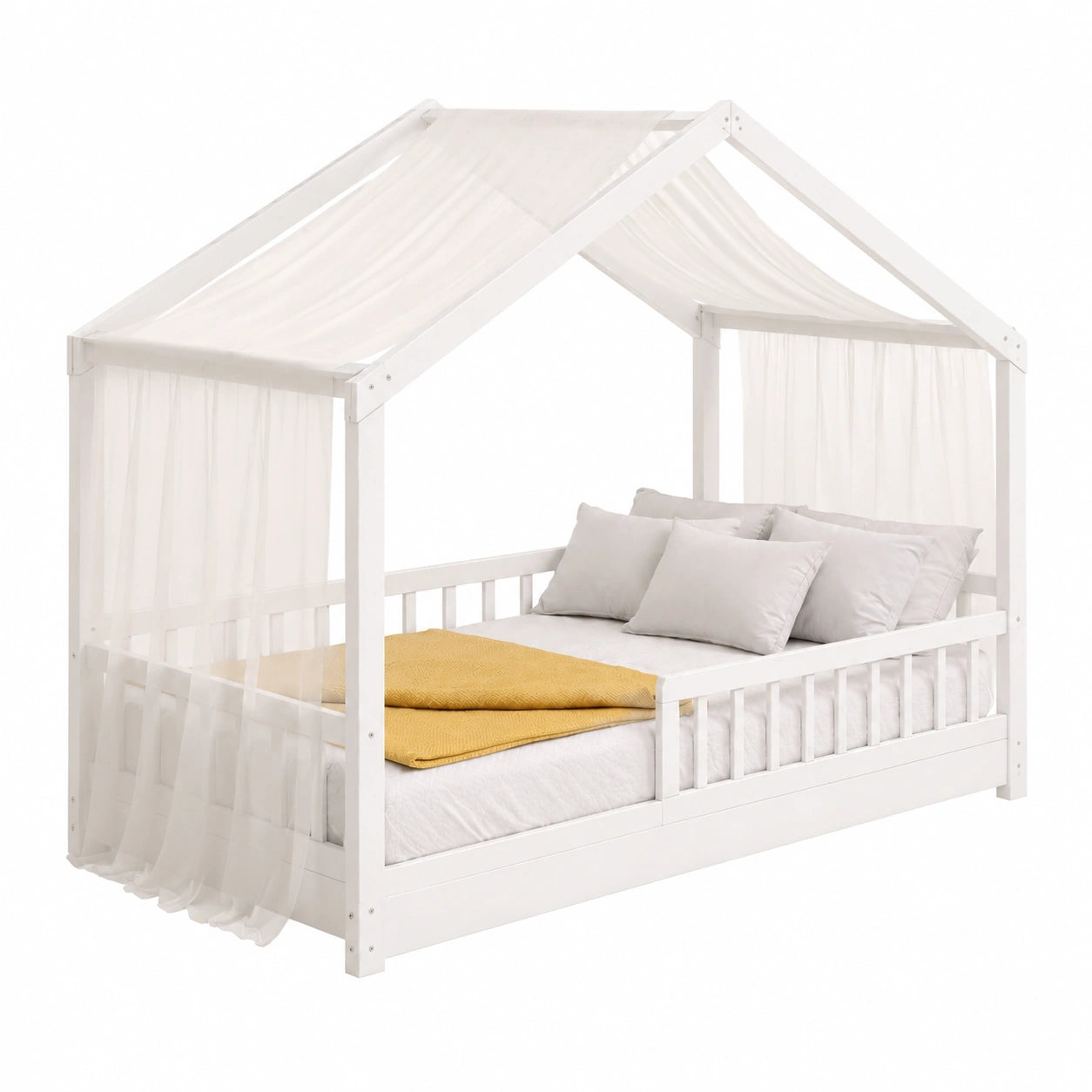 Letto Casetta per Bambini 90x200 cm in Legno di Pino - Sicurezza Montessori con Barriera Amovibile