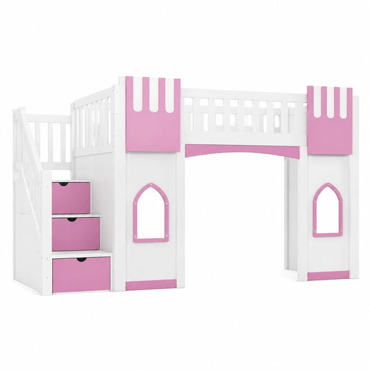 Letto a Castello per Bambini in Legno, 90x200 cm, con Scala Compatta e Finestre Rosa