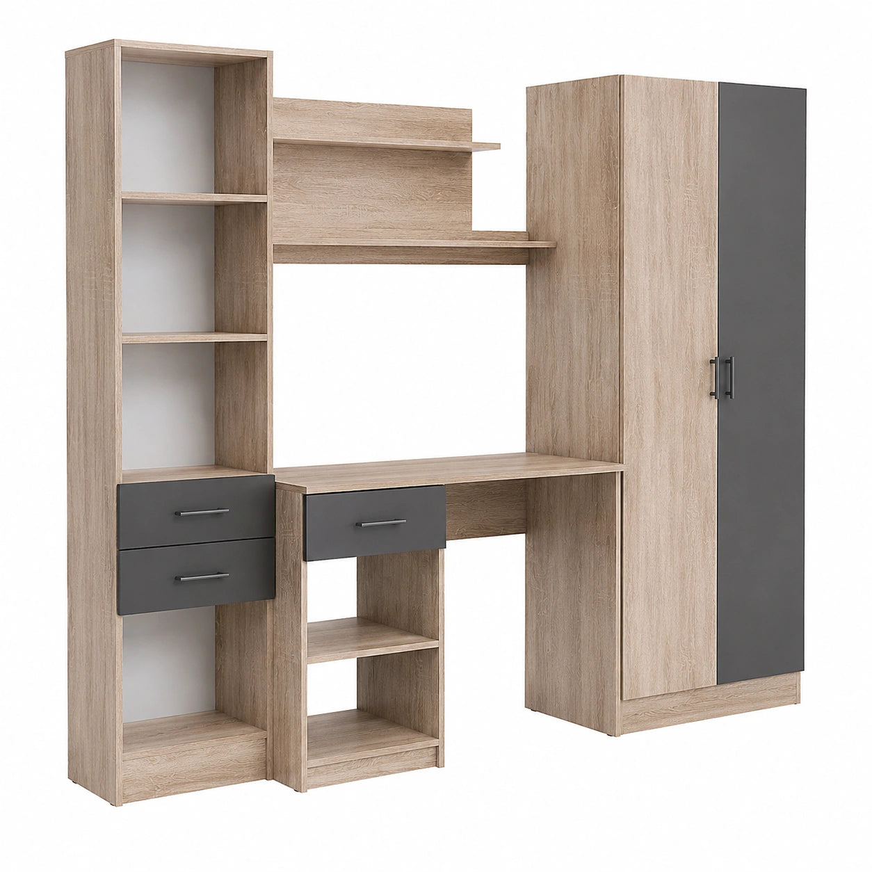 Set Arredamento Cameretta: Scrivania con Armadio a 2 Ante, Mensole e Mobiletto con Cassetti
