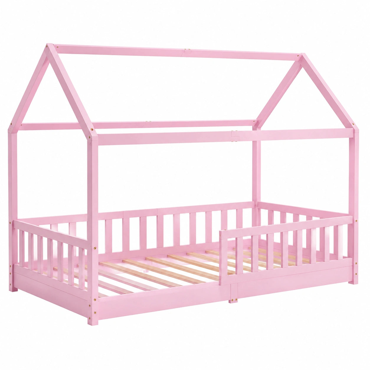 Letto Casetta Rosa per Bambina 90x200 cm con Barriera di Sicurezza e Rete a Doghe