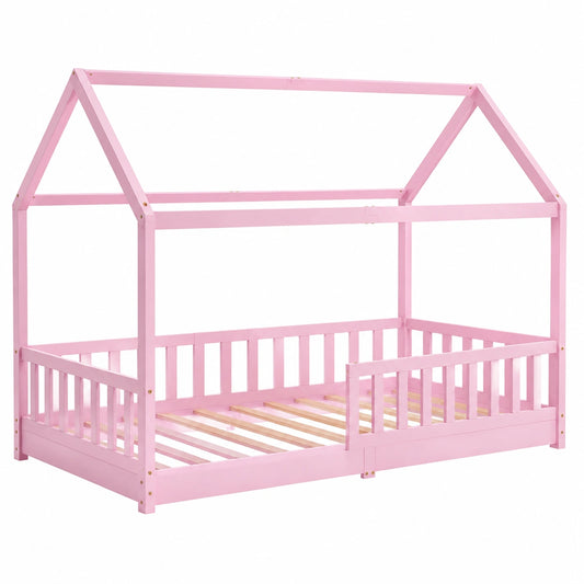 Letto Casetta Rosa per Bambina 90x200 cm con Barriera di Sicurezza e Rete a Doghe
