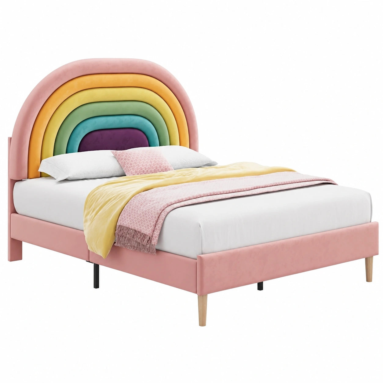 Letto Imbottito 140x200 cm per Bambini con Testiera Arcobaleno, Rete a Doghe, Max 150 kg, Rosa