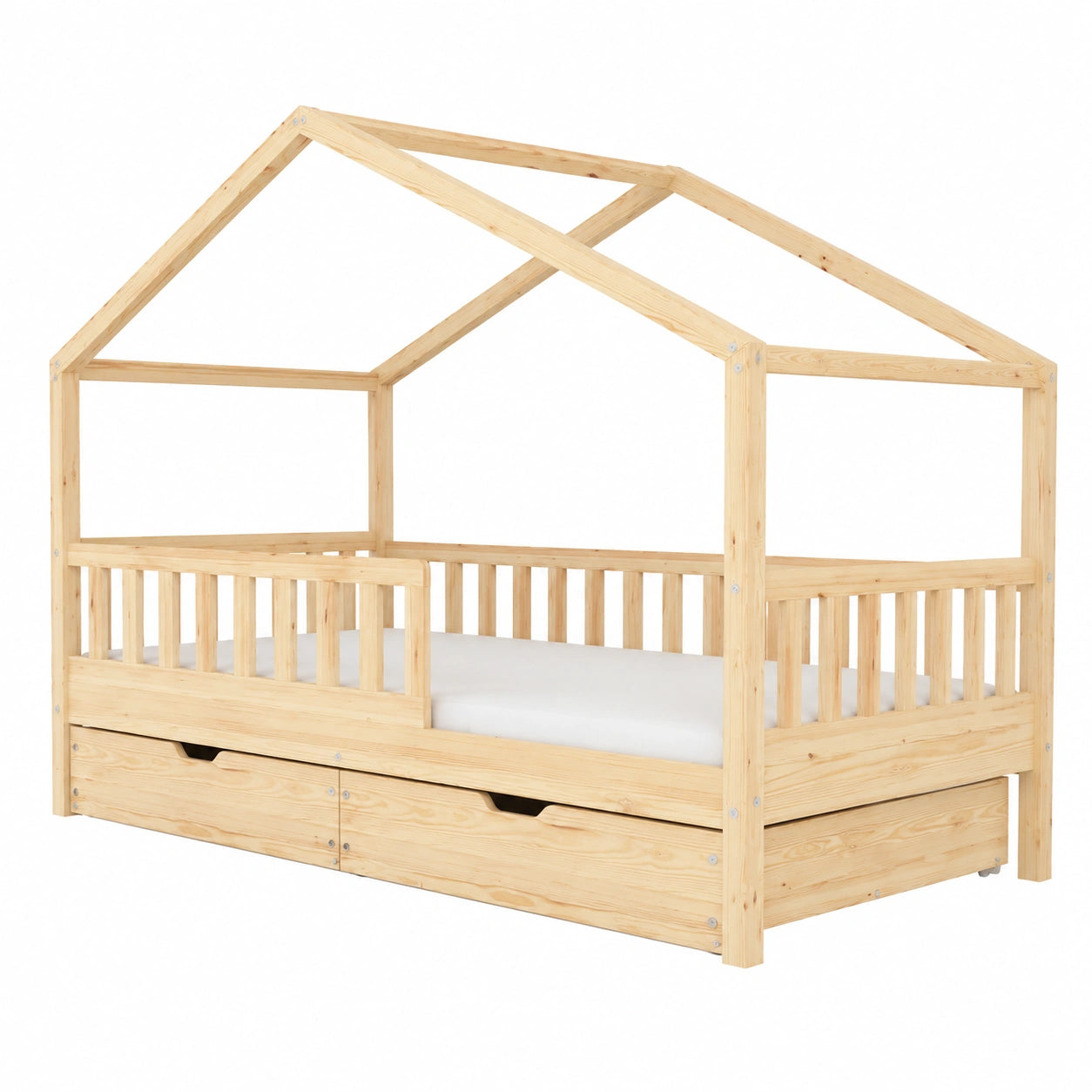 Letto Montessoriano in Legno con Cassetti e Barriera, 190x90 cm, Altezza Regolabile