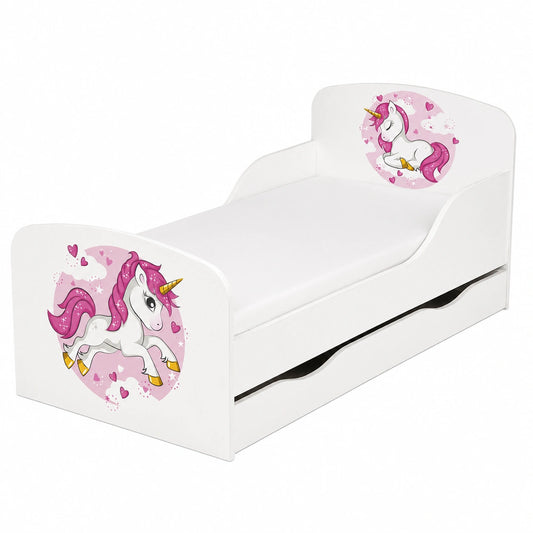 Letto per Bambini in Legno Bianco con Unicorno - Cassetto e Materasso Inclusi, 140x70 cm