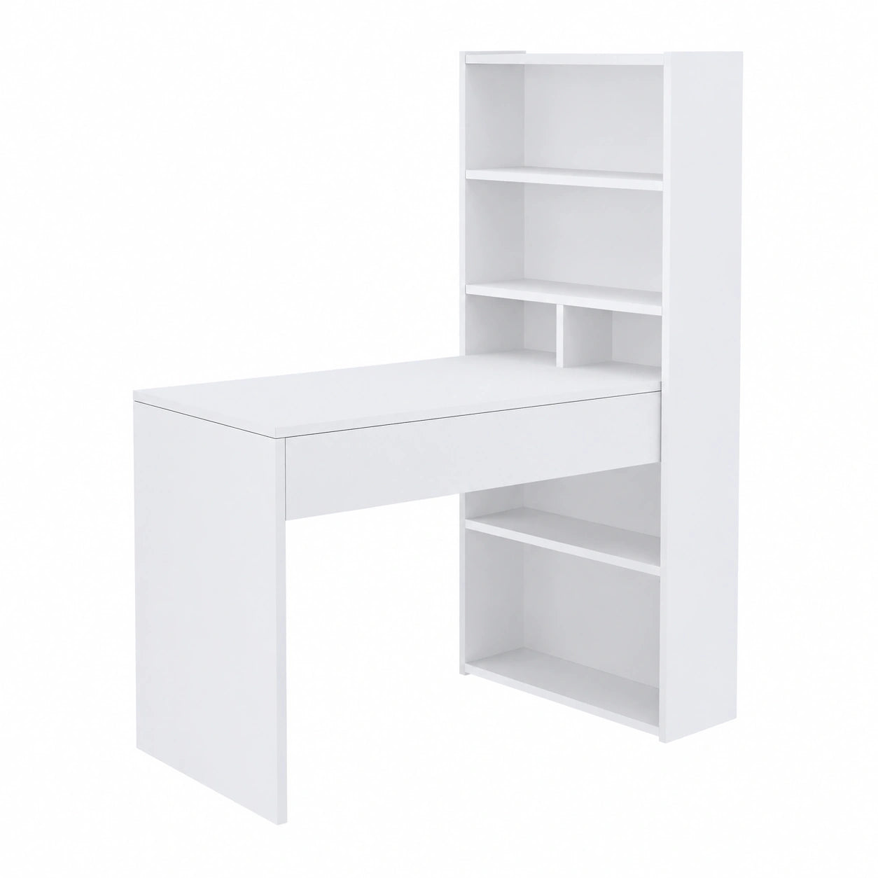 Scrivania Reversibile con Libreria e Scaffali Laterali, Design Moderno Bianco 120x144x53 cm