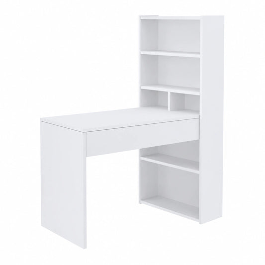Scrivania Reversibile con Libreria e Scaffali Laterali, Design Moderno Bianco 120x144x53 cm