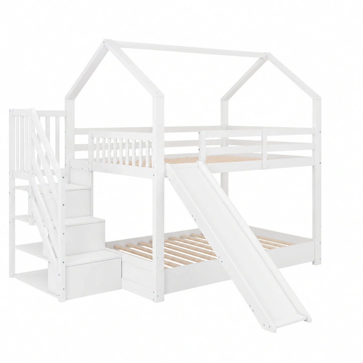 Letto a Castello per Bambini con Scivolo e Scaletta 140x200 cm, Design Casetta, Pino Bianco