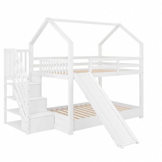 Letto a Castello per Bambini con Scivolo e Scaletta 140x200 cm, Design Casetta, Pino Bianco